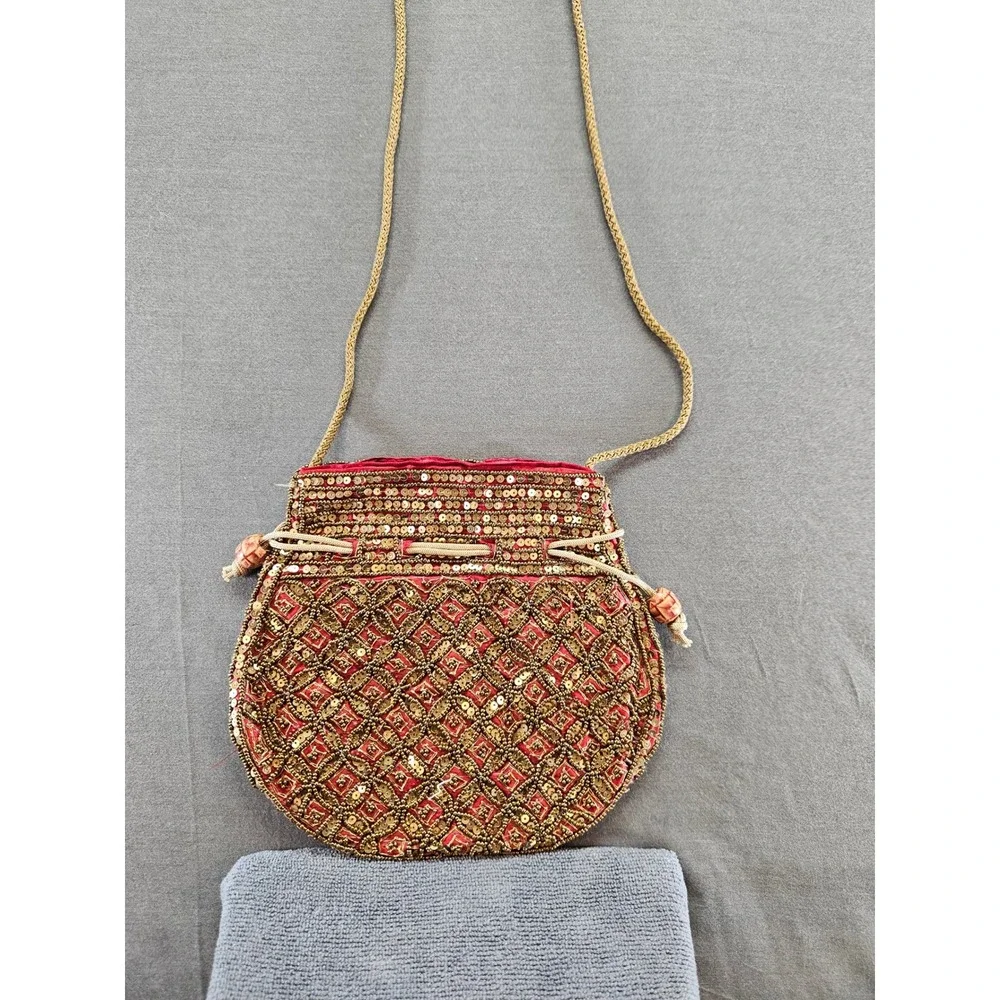 Vintage Red Beaded Sequin Potli Bag Gold Drawstring Crossbody Evening Pouch